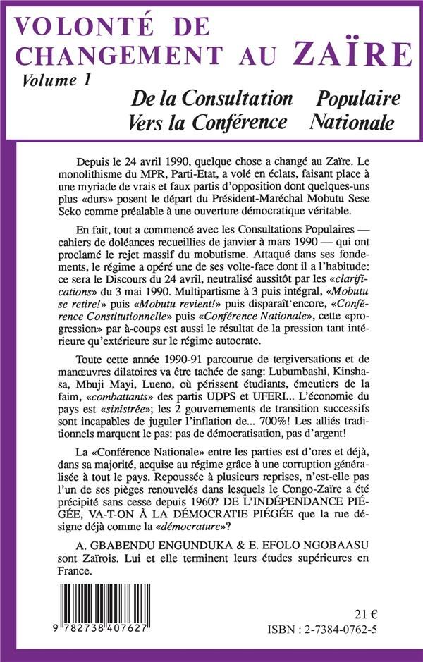Quatrième de couverture de « VOLONTE DE CHANGEMENT AU ZAIRE - VOL01 - TOME 1 »
