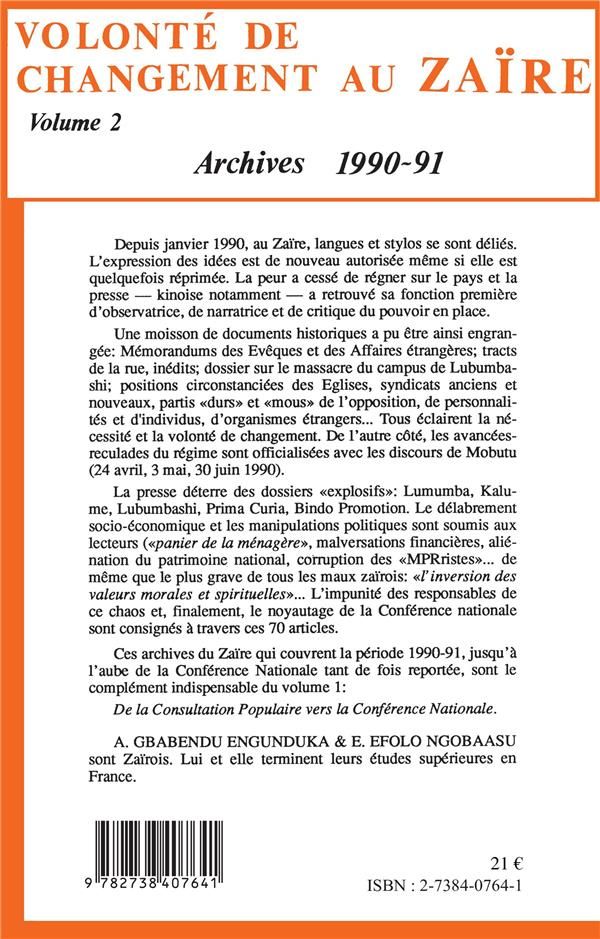 Quatrième de couverture de « VOLONTE DE CHANGEMENT AU ZAIRE - VOL02 - TOME 2 »