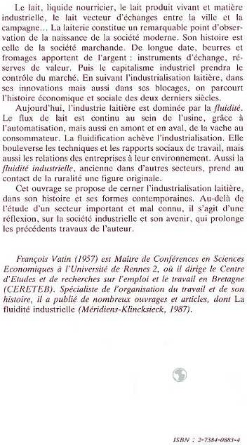 Quatrième de couverture de « L'INDUSTRIE DU LAIT »