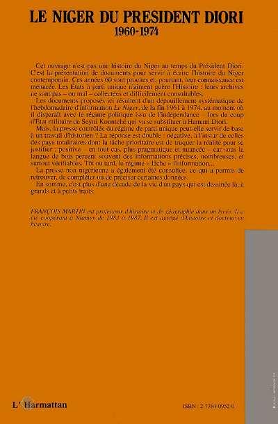 Quatrième de couverture de « LE NIGER DU PRESIDENT DIORI 1960 - 1974 »