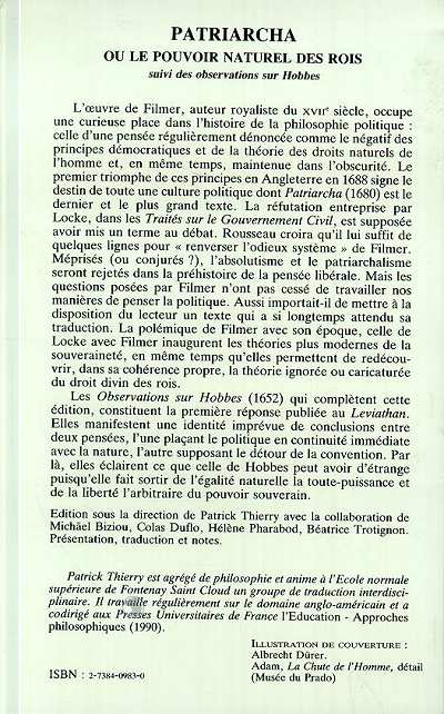 Quatrième de couverture de « PATRIARCHA OU LE POUVOIR NATUREL DES ROIS SUIVI DES OBSERVATIONS SUR HOBBES »