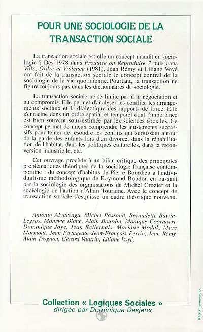 Quatrième de couverture de « POUR UNE SOCIOLOGIE DE LA TRANSACTION SOCIALE »