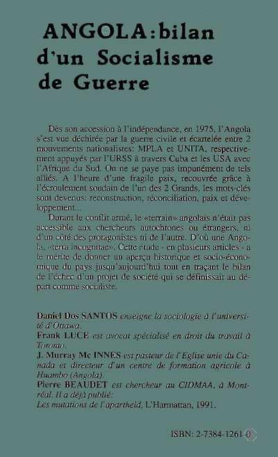 Quatrième de couverture de « ANGOLA, BILAN D'UN SOCIALISME DE GUERRE »