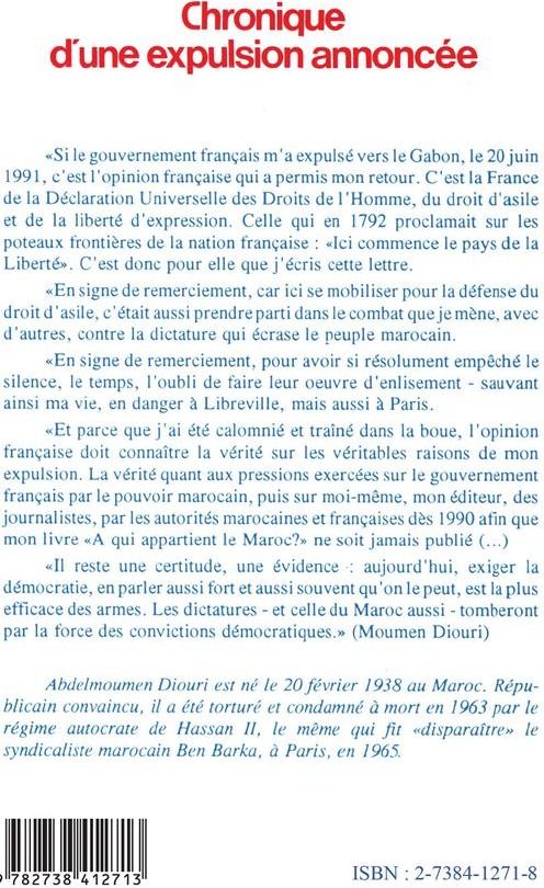Quatrième de couverture de « CHRONIQUE D'UNE EXPULSION ANNONCEE »