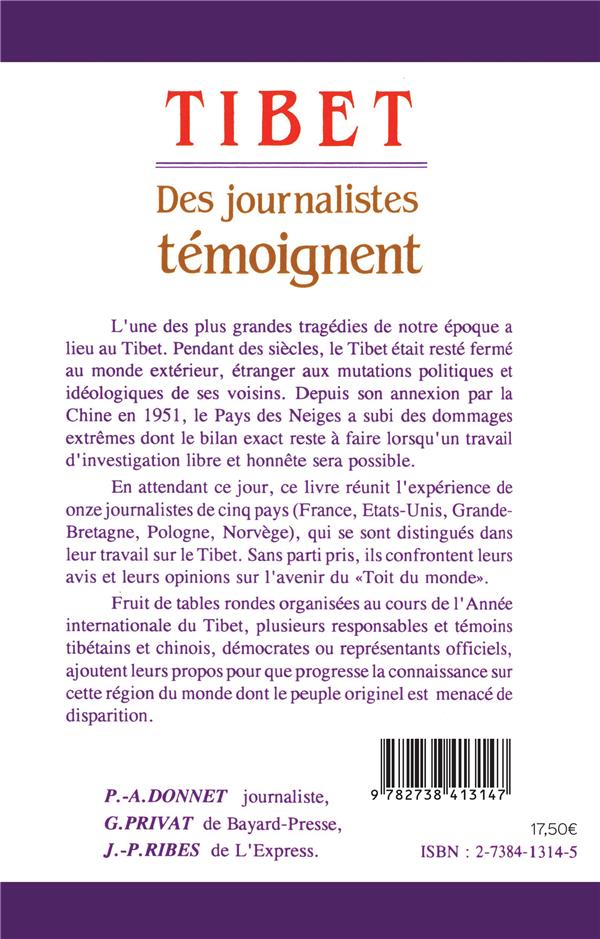 Quatrième de couverture de « TIBET - DES JOURNALISTES TEMOIGNENT »