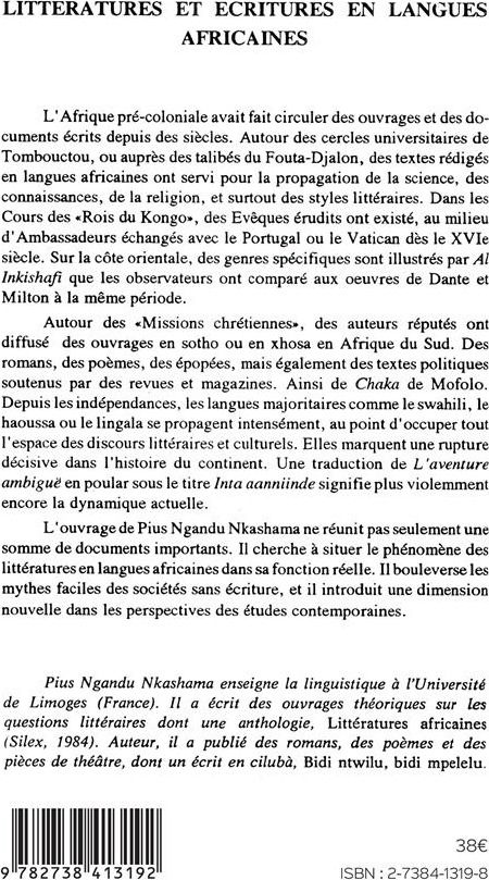 Quatrième de couverture de « LITTERATURES ET ECRITURES EN LANGUES AFRICAINES »