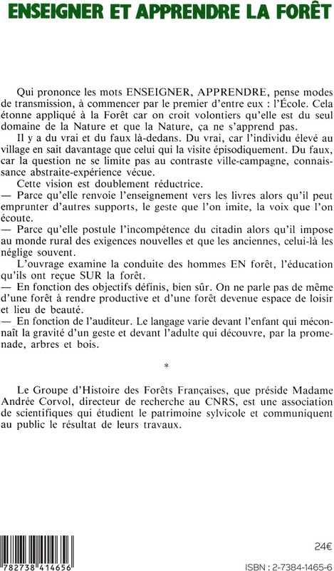 Quatrième de couverture de « ENSEIGNER ET APPRENDRE LA FORET XIXE-XXE SIECLES »
