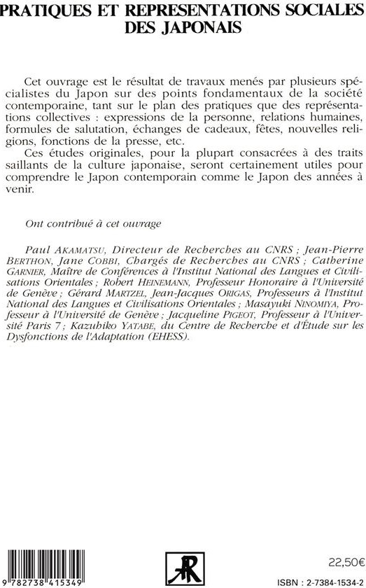 Quatrième de couverture de « PRATIQUES ET REPRESENTATIONS SOCIALES DES JAPONAIS »