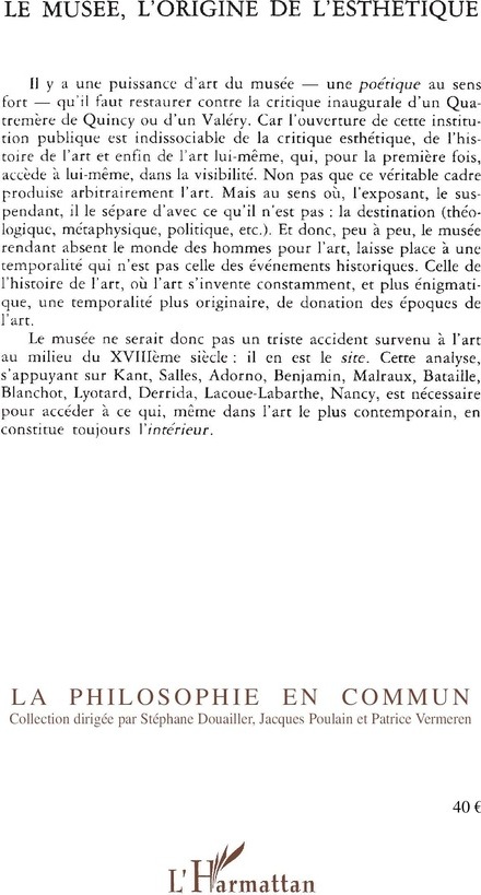 Quatrième de couverture de « LE MUSEE, L'ORIGINE DE L'ESTHETIQUE »