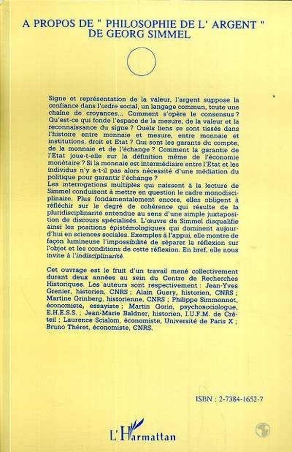 Quatrième de couverture de « A PROPOS DE "PHILOSOPHIE DE L'ARGENT" DE GEORG SIMMEL »
