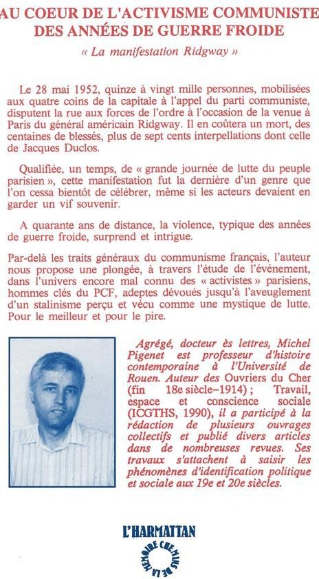 Quatrième de couverture de « AU COEUR DE L'ACTIVISME COMMUNISTE DES ANNEES DE GUERRE FROIDE - LA MANIFESTATION RIDGWAY »