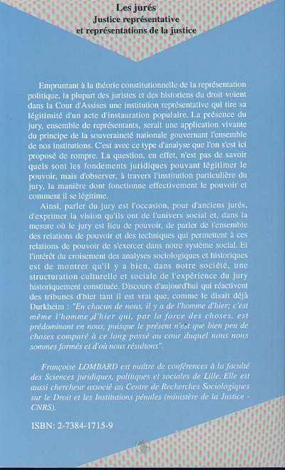 Quatrième de couverture de « LES JURES - JUSTICE REPRESENTATIVE ET REPRESENTATION DE LA JUSTICE »