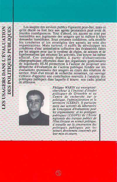 Quatrième de couverture de « LES USAGERS DANS L'EVALUATION DES POLITIQUES PUBLIQUES - ETUDES DES RELATIONS DE SERVICE »
