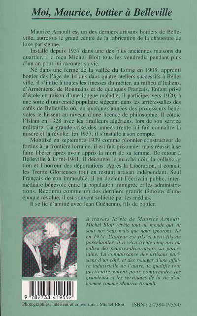 Quatrième de couverture de « MOI, MAURICE, BOTTIER A BELLEVILLE - HISTOIRE D'UNE VIE »