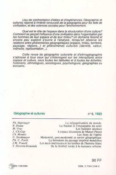 Quatrième de couverture de « GEOGRAPHIE ET CULTURES N 6 - VOL06 »