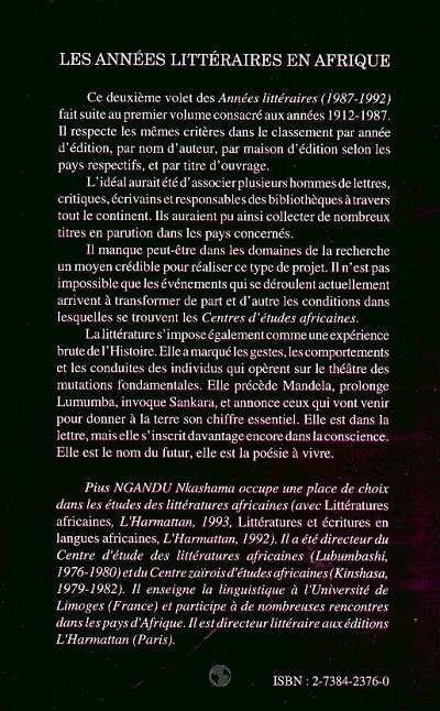 Quatrième de couverture de « LES ANNEES LITTERAIRES EN AFRIQUE (1987-1992) - VOL02 - TOME 2 »