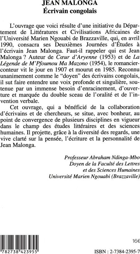 Quatrième de couverture de « JEAN MALONGA, ECRIVAIN CONGOLAIS (1907-1985) »