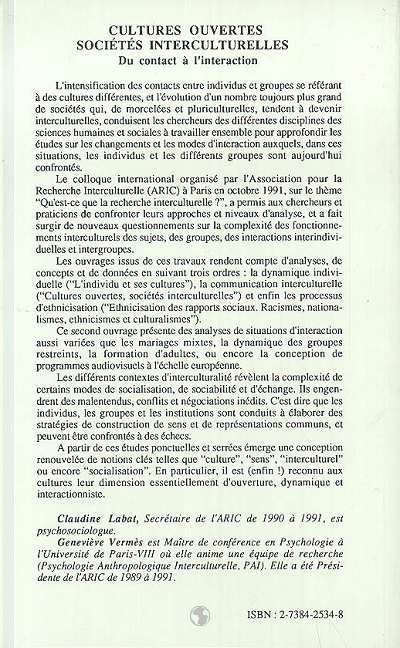 Quatrième de couverture de « CULTURES OUVERTES - SOCIETES INTERCULTURELLES - DU CONTACT A L'INTERACTION (VOL. 2) »