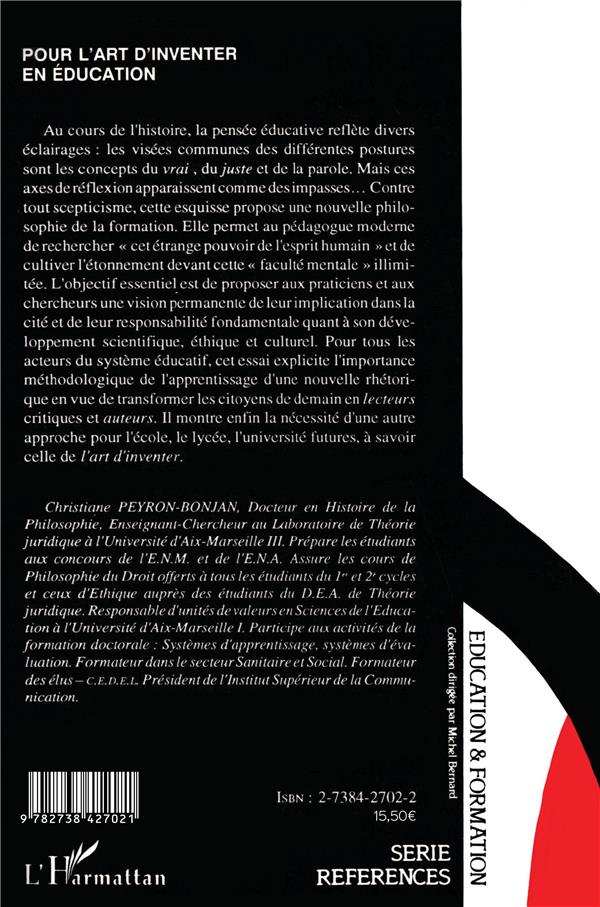Quatrième de couverture de « POUR L'ART D'INVENTER EN EDUCATION »