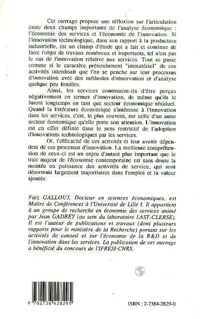 Quatrième de couverture de « ECONOMIE DE L'INNOVATION DANS LES SERVICES »