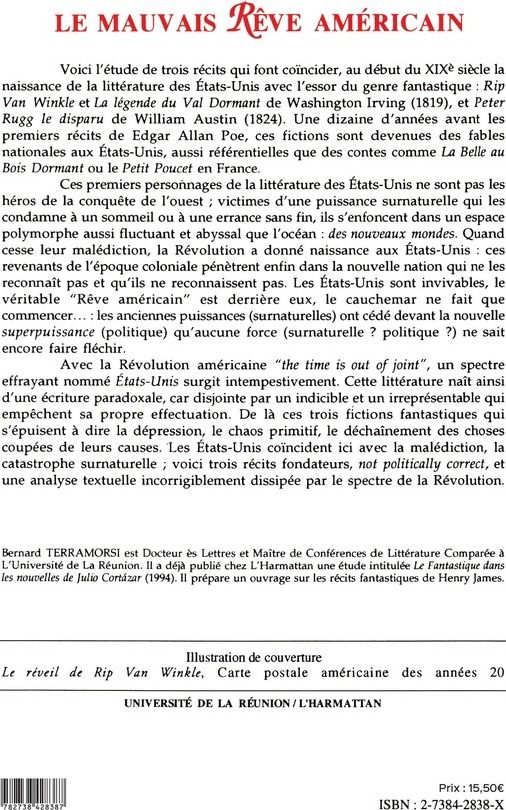 Quatrième de couverture de « LE MAUVAIS REVE AMERICAIN - LES ORIGINES DU FANTASTIQUE ET LE FANTASTIQUE DES ORIGINES AUX ETATS-UNI »