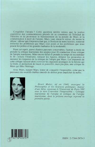 Quatrième de couverture de « CONGEDIER L'UTOPIE? L'UTOPIE SELON KARL MARX »