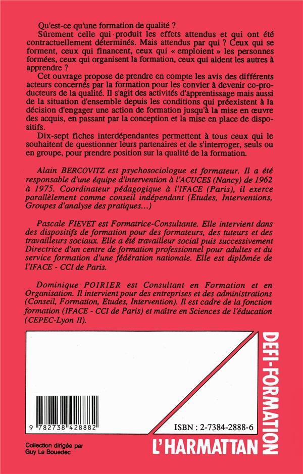 Quatrième de couverture de « POUR APPRECIER LA QUALITE DE LA FORMATION - GUIDE METHODOLOGIQUE »