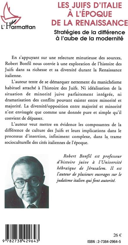 Quatrième de couverture de « LES JUIFS D'ITALIE A L'EPOQUE DE LA RENAISSANCE »