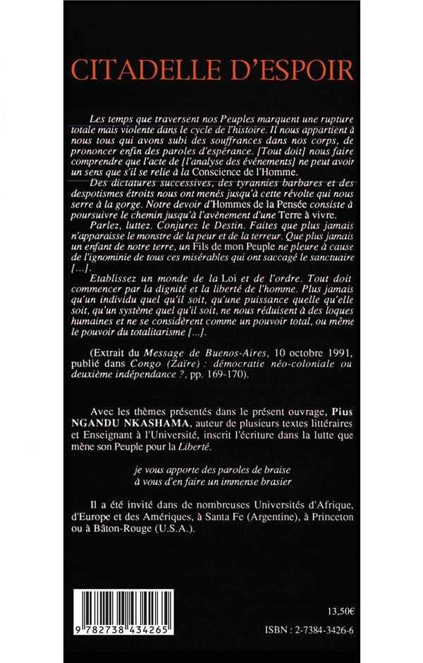 Quatrième de couverture de « CITADELLE D'ESPOIR »