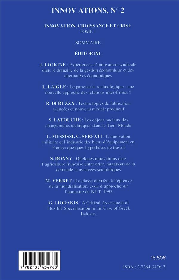 Quatrième de couverture de « INNOVATION, CROISSANCE ET CRISE (TOME 1) - VOL02 »