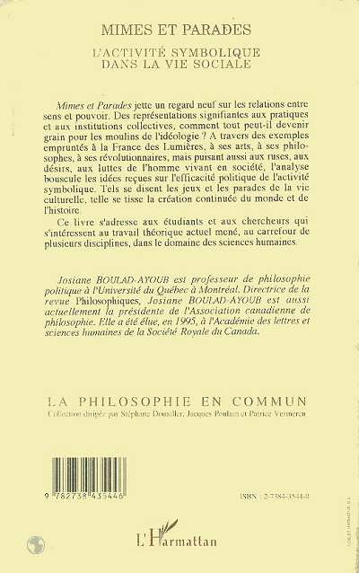 Quatrième de couverture de « MIMES ET PARADES - L'ACTIVITE SYMBOLIQUE DANS LA VIE SOCIALE »