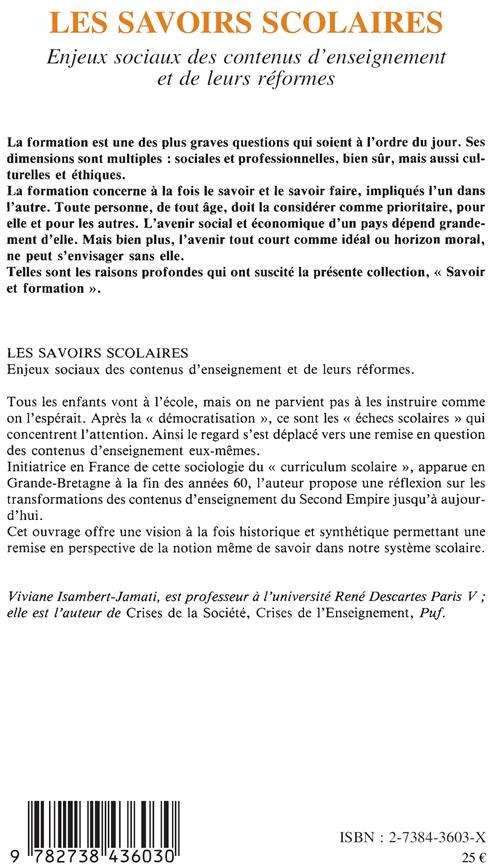 Quatrième de couverture de « LES SAVOIRS SCOLAIRES »