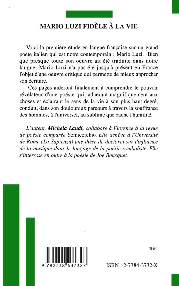 Quatrième de couverture de « MARIO LUZI FIDELE A LA VIE »