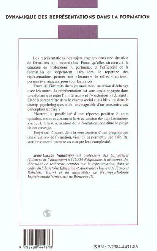 Quatrième de couverture de « DYNAMIQUE DES REPRESENTATIONS DANS LA FORMATION »