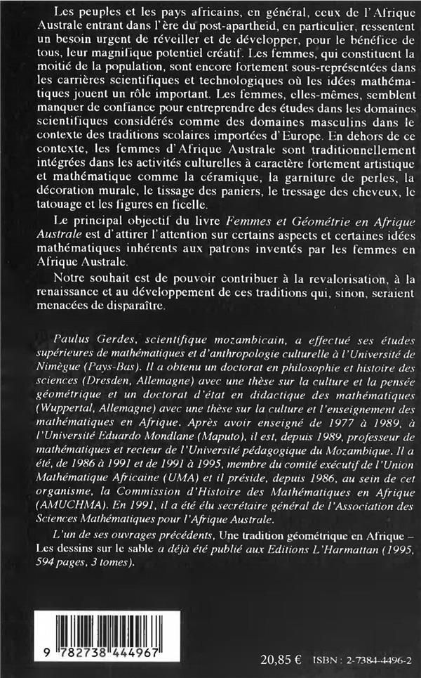 Quatrième de couverture de « FEMMES ET GEOMETRIE EN AFRIQUE AUSTRALE »