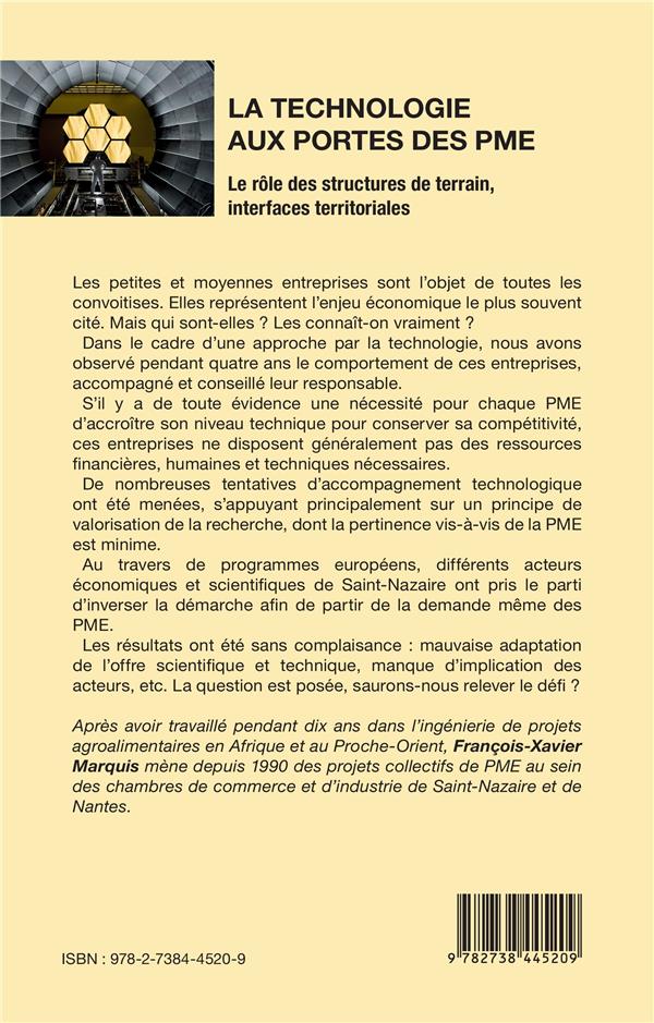 Quatrième de couverture de « LA TECHNOLOGIE AUX PORTES DES PME - LE ROLE DES STRUCTURES DE TERRAIN INTERFACES TERRITORIALES »