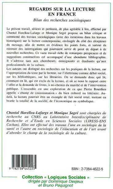 Quatrième de couverture de « REGARD SUR LA LECTURE EN FRANCE - BILAN DES RECHERCHES SOCIOLOGIQUES »