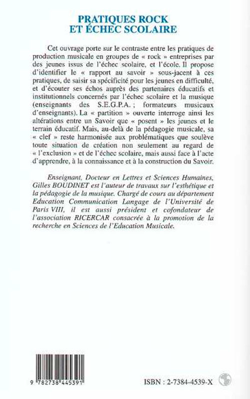 Quatrième de couverture de « PRATIQUES ROCK ET ECHEC SCOLAIRE »