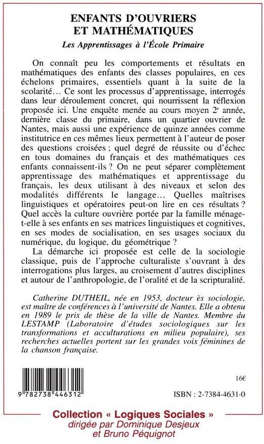Quatrième de couverture de « ENFANTS D'OUVRIER ET MATHEMATIQUES - LES APPRENTISSAGES A L ECOLE PRIMAIRE »