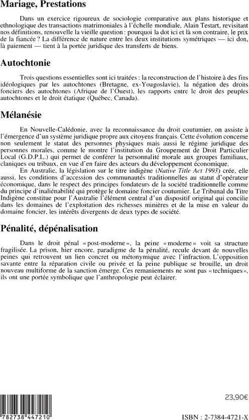 Quatrième de couverture de « MARIAGE PRESTATIONS AUTOCHTONIE MELANESIE PENALITE »