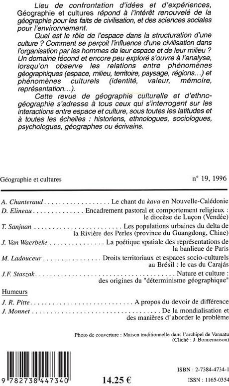 Quatrième de couverture de « GEOGRAPHIE ET CULTURES N 19 - VOL19 »