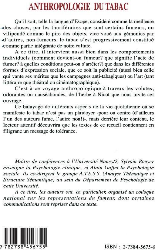Quatrième de couverture de « ANTHROPOLOGIE DU TABAC »