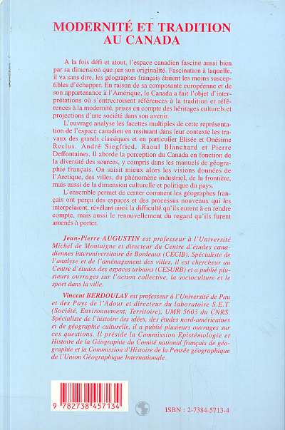Quatrième de couverture de « MODERNITE ET TRADITION AU CANADA »