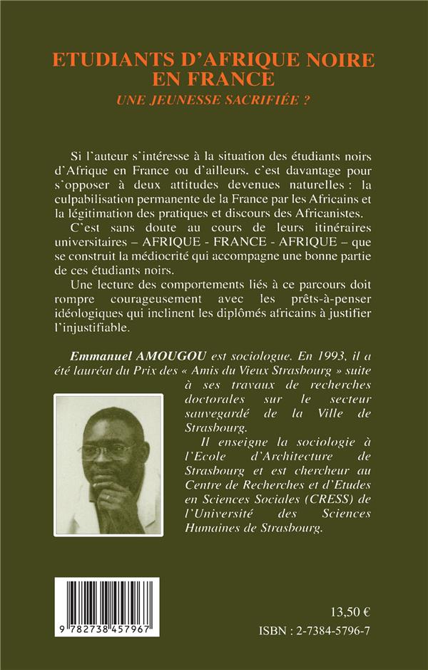 Quatrième de couverture de « ETUDIANTS D'AFRIQUE NOIRE EN FRANCE »
