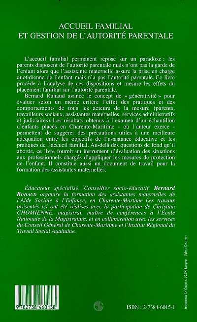 Quatrième de couverture de « ACCUEIL FAMILIAL ET GESTION DE L'AUTORITE PARENTALE »
