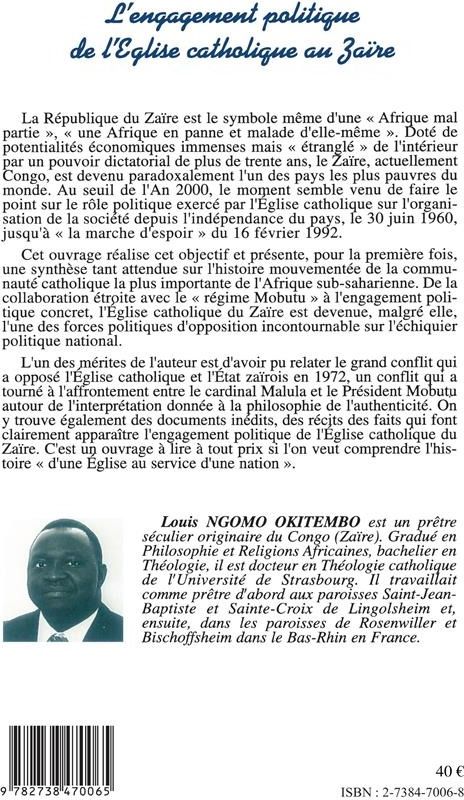 Quatrième de couverture de « L'ENGAGEMENT POLITIQUE DE L'EGLISE CATHOLIQUE AU ZAIRE »