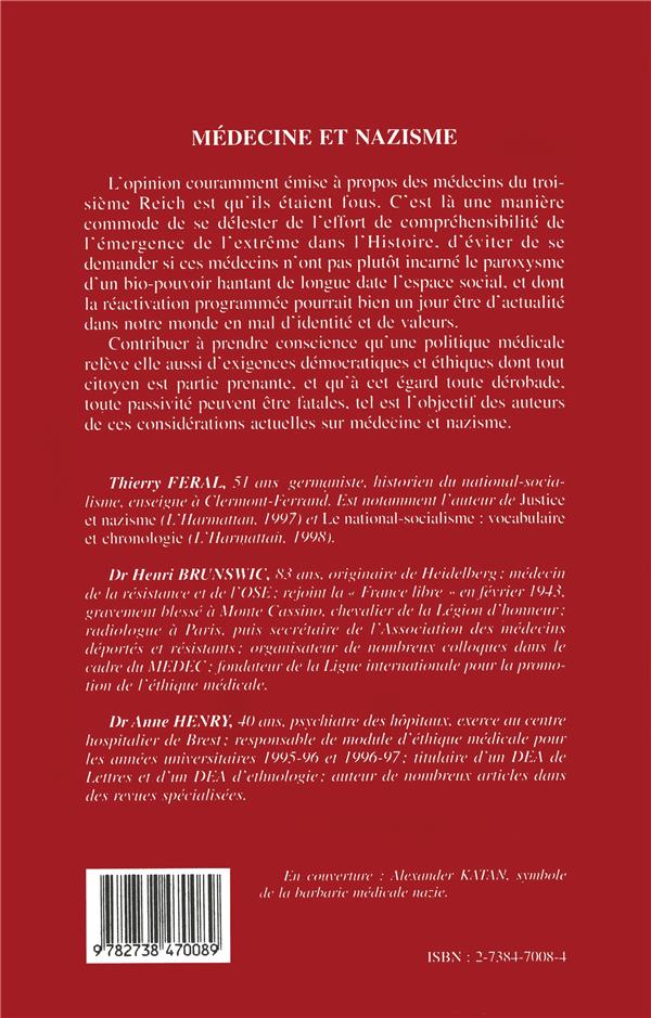 Quatrième de couverture de « MEDECINE ET NAZISME - CONSIDERATIONS ACTUELLES »