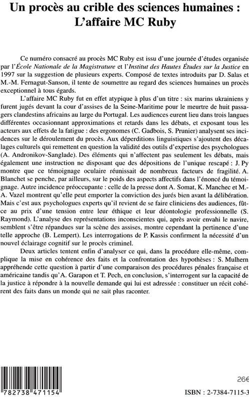Quatrième de couverture de « L'AFFAIRE MC RUBY : ANATOMIE D'UN PROCES - VOL36 »