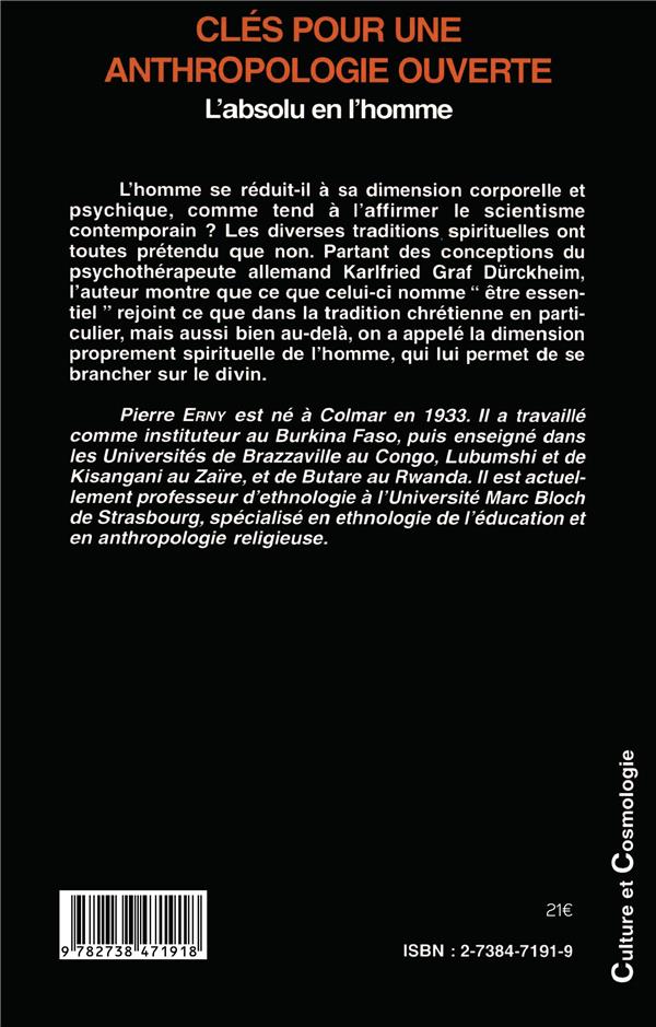 Quatrième de couverture de « CLES POUR UNE ANTHROPOLOGIE OUVERTE - L'ABSOLU EN L'HOMME »