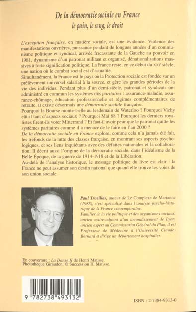 Quatrième de couverture de « DE LA DEMOCRATIE SOCIALE EN FRANCE - LE PAIN, LE SANG, LE DROIT »